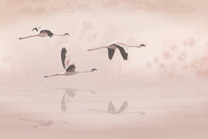 Papier peint  Oiseaux volant sur fond de palmiers et de nuages