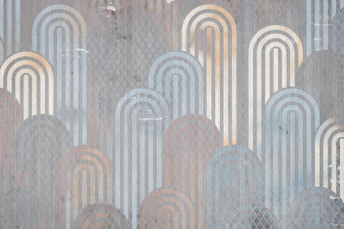 Papier peint  Arches bleues et dorées sur fond gris