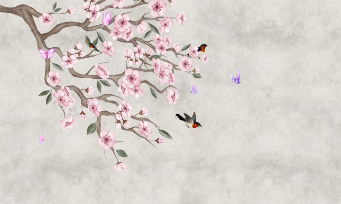 Papier peint  Fleurs de cerisier roses avec des oiseaux sur béton