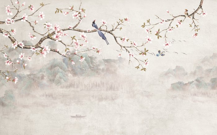 Papier peint  Oiseau sur une branche de cerisier avec montagnes et lac en arrière-plan