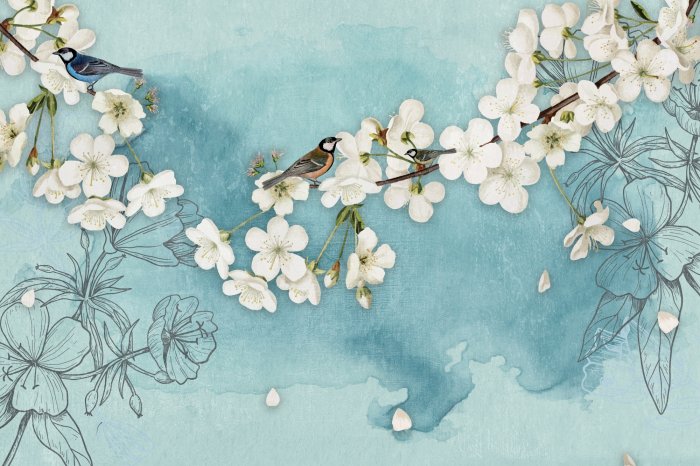 Papier peint  Arbre de cerisier sur fond de fleurs dessinées