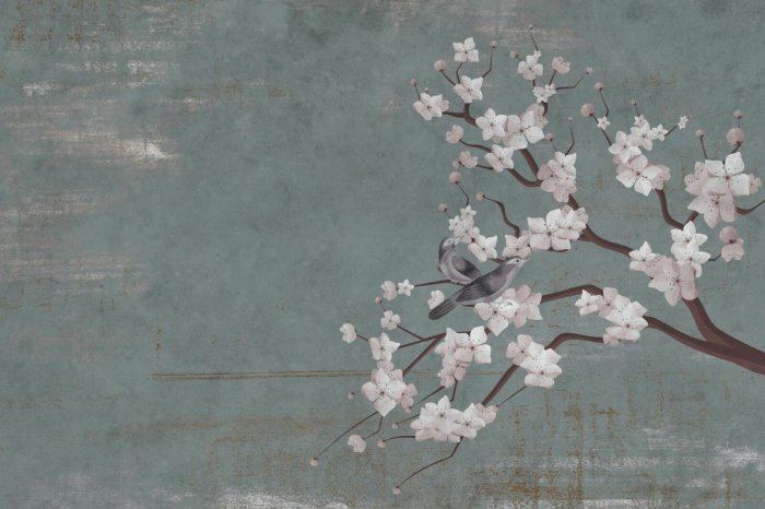 Papier peint  Fleurs de cerisier blanches peintes avec des oiseaux sur un mur