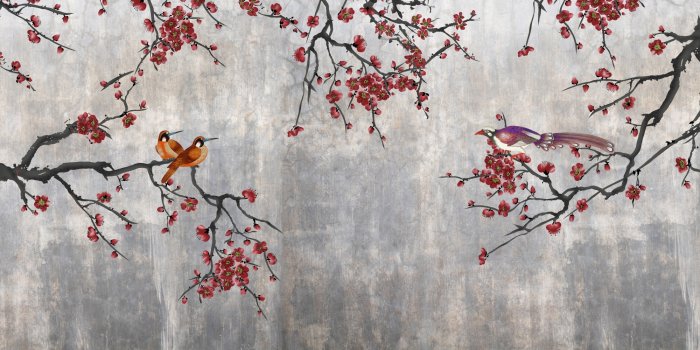 Papier peint  Fleurs rouges avec des oiseaux sur du béton