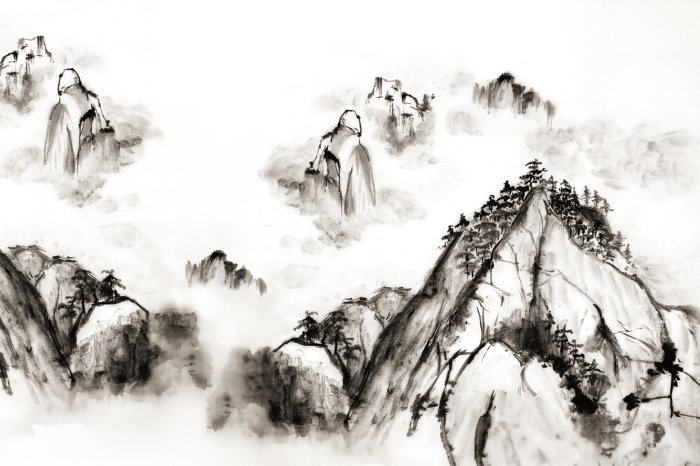 Papier peint  Paysage dessiné de montagnes et d'arbres