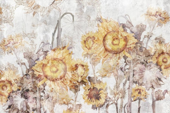 Papier peint  Motif botanique avec des tournesols jaunes
