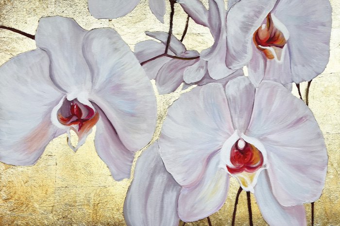 Papier peint  Orchidées peintes sur fond doré