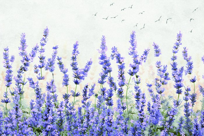 Papier peint  Fleurs de lavande sur fond d'oiseaux