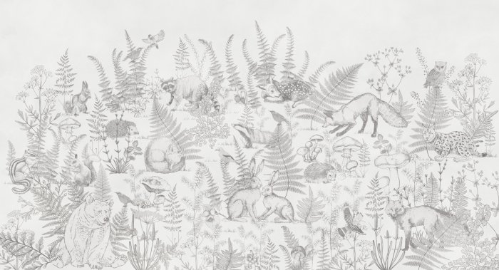 Papier peint  Dessin en noir et blanc avec des animaux