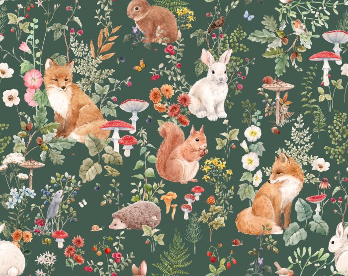 Papier peint  Motif végétal avec des champignons et des renards