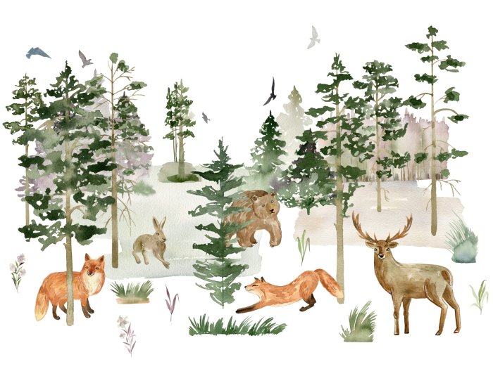 Papier peint  Dessin d’une forêt avec des animaux sauvages