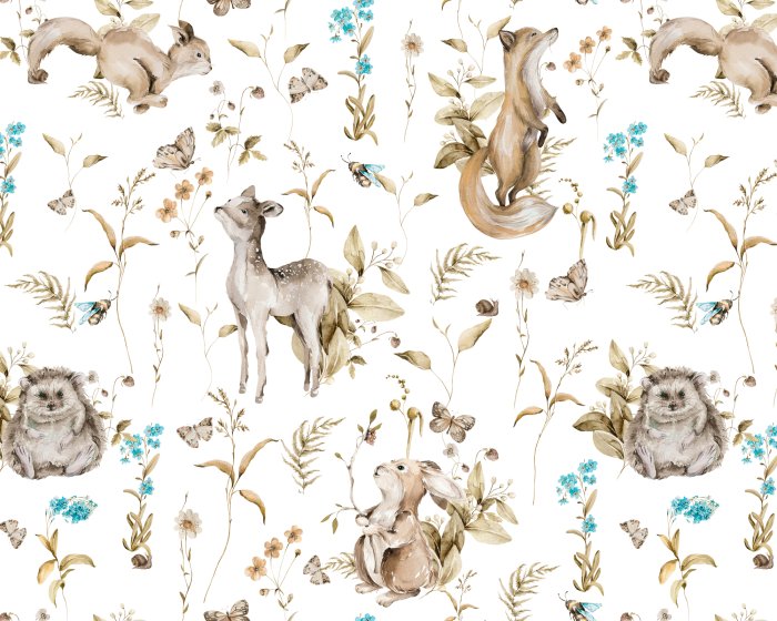 Papier peint  Motif enfantin avec des renards et des chevreuils