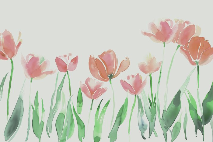 Papier peint  Tulipes rouges sur une prairie pastel