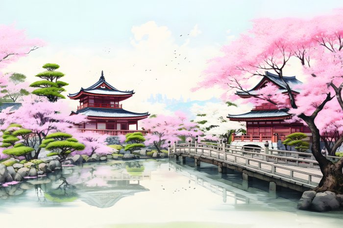 Papier peint  Beau paysage japonais avec cerisiers en fleurs