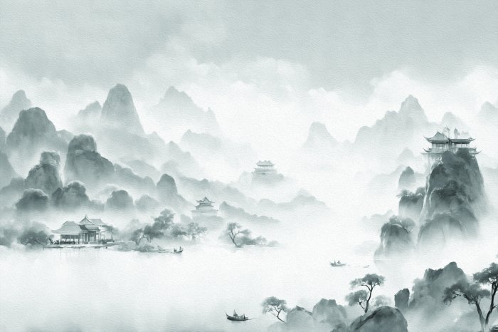 Papier peint  Village japonais en noir et blanc dans les montagnes