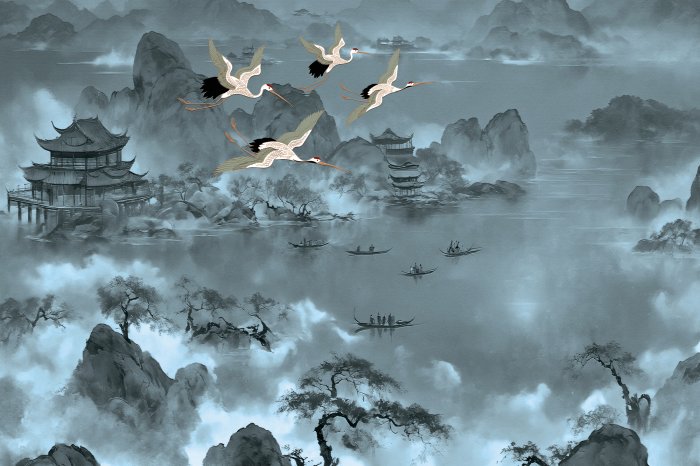 Papier peint  Paysage japonais d’un lac avec des gondoles et des oiseaux