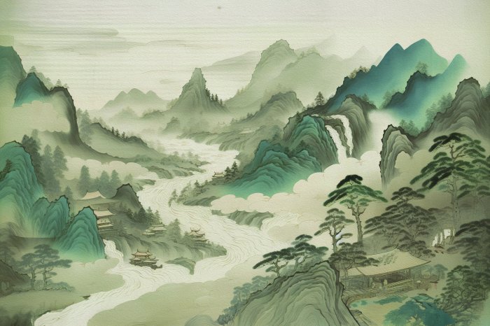 Papier peint  Paysage de montagne asiatique peint à la main