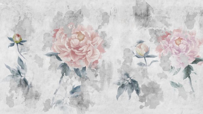 Papier peint  Fleurs roses en style aquarelle sur fond gris