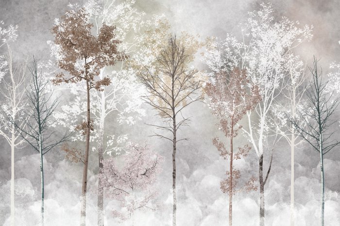 Papier peint  Forêt de bouleaux abstraite dans le brouillard