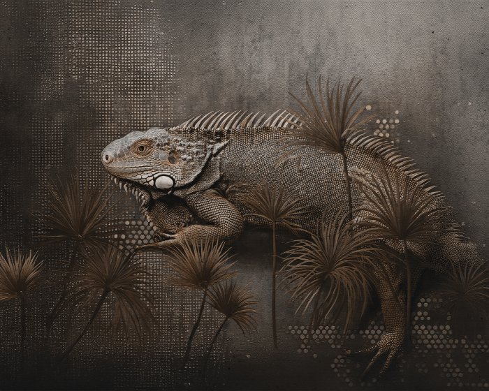 Papier peint  Caméléon et feuilles tropicales dans un style loft