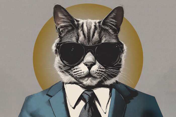 Papier peint  Portrait abstrait d’un chat en costume et lunettes
