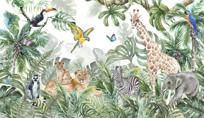 Papier peint  Animaux sauvages dans la jungle aquarelle