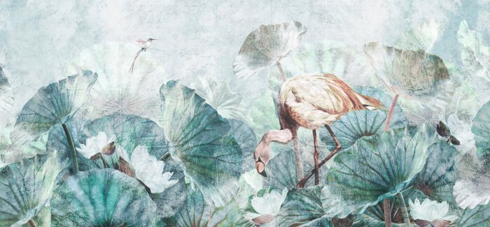 Papier peint  Flamant rose parmi les feuilles et fleurs tropicales