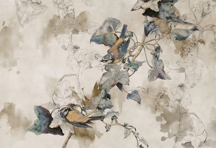 Papier peint  Oiseaux sur une branche avec des feuilles style aquarelle sur fond beige