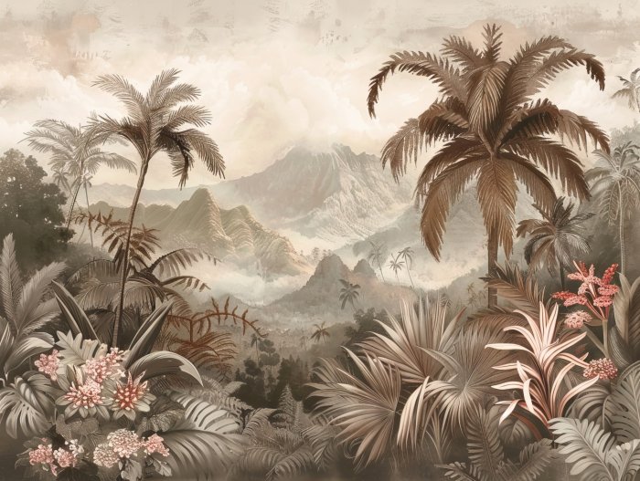 Papier peint  Palmiers et plantes tropicales sur fond de collines