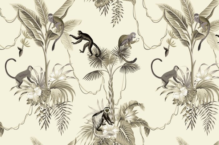 Papier peint  Singes parmi des plantes tropicales motif exotique
