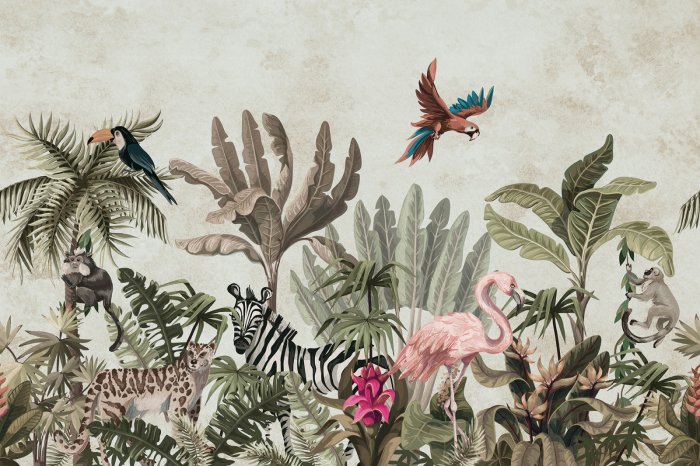 Papier peint  Paysage tropical avec des animaux de safari parmi les plantes