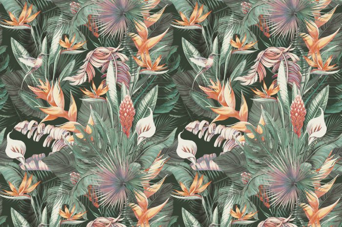 Papier peint  Motif botanique plantes tropicales et colibris