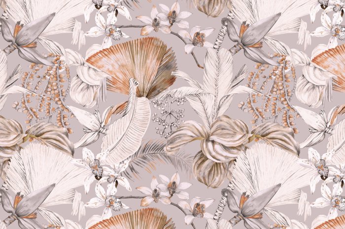 Papier peint  Fleurs et feuilles exotiques sur fond gris clair