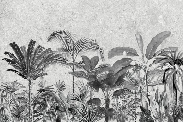 Papier peint  Paysage tropical en noir et blanc avec des palmiers