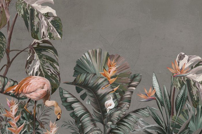 Papier peint  Plantes tropicales et oiseaux sur fond à texture béton