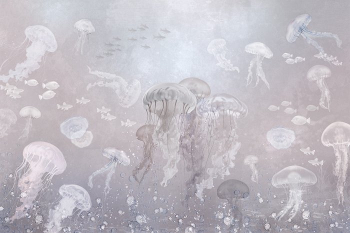 Papier peint  Méduses et poissons dans un paysage sous-marin