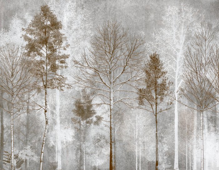 Papier peint  Thème forestier avec de grands arbres et un fond gris