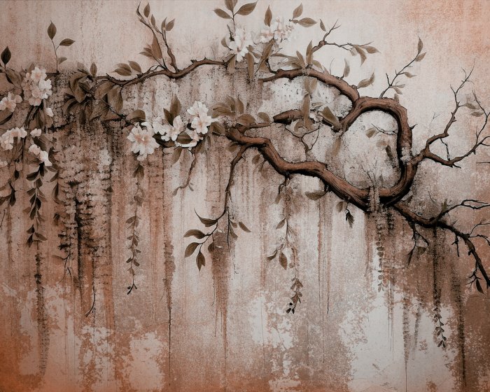 Papier peint  Branche d'arbre avec fleurs blanches texture béton
