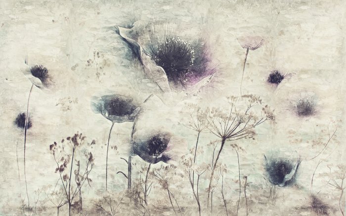 Papier peint  Motif industriel avec des coquelicots et des fleurs de prairie