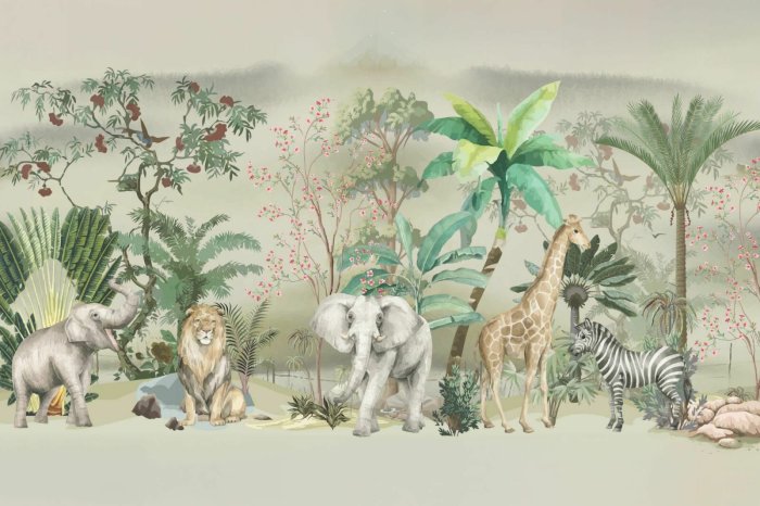 Papier peint  Jungle tropicale avec des animaux sauvages