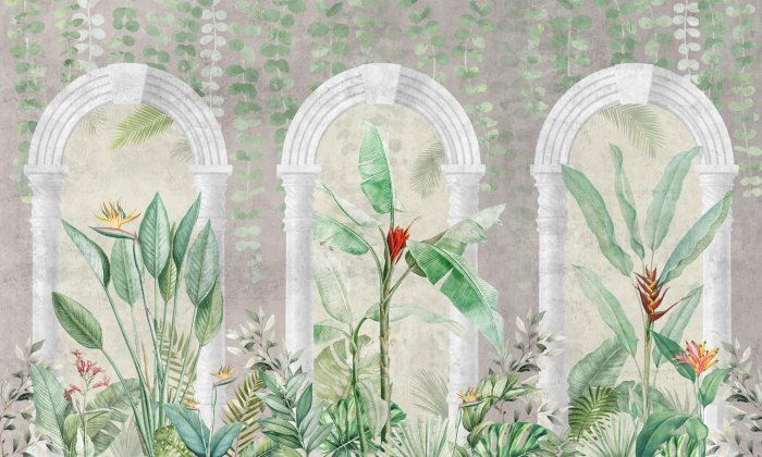 Papier peint  Plantes tropicales sur fond de colonnes grises