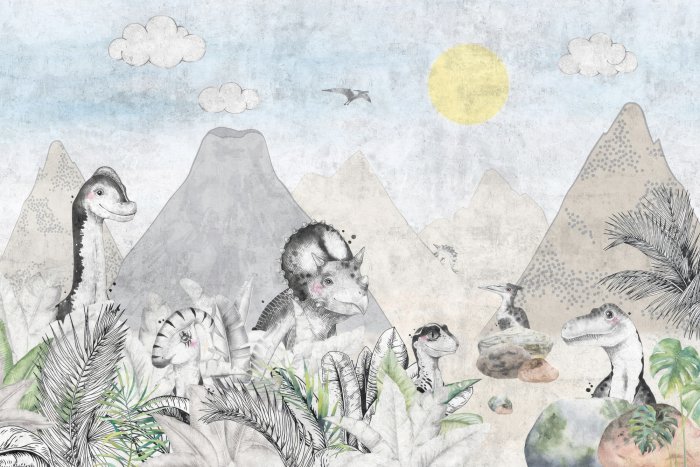 Papier peint  Monde des dinosaures en aquarelle avec des volcans