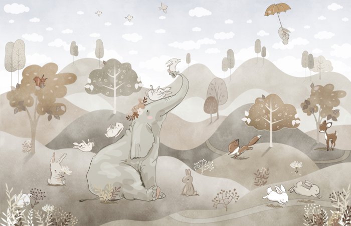 Papier peint  Paysage pastel avec un éléphant mignon et des lapins