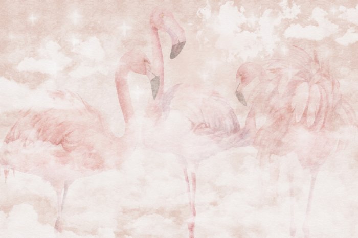 Papier peint  Flamants roses aquarelle sur fond de nuages pastels