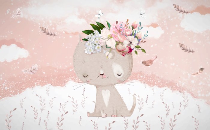Papier peint  Chaton avec des fleurs et des papillons dans une prairie en style aquarelle