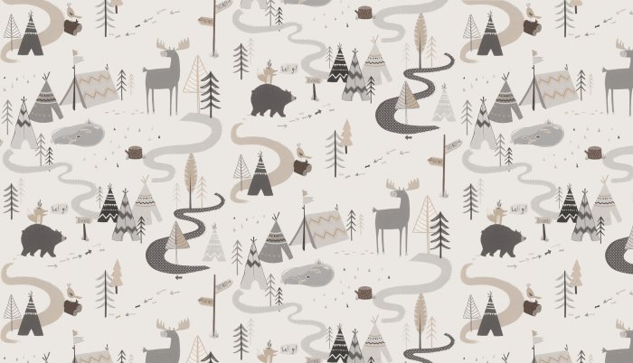 Papier peint  Forêt scandinave avec de jolis animaux aux couleurs naturelles