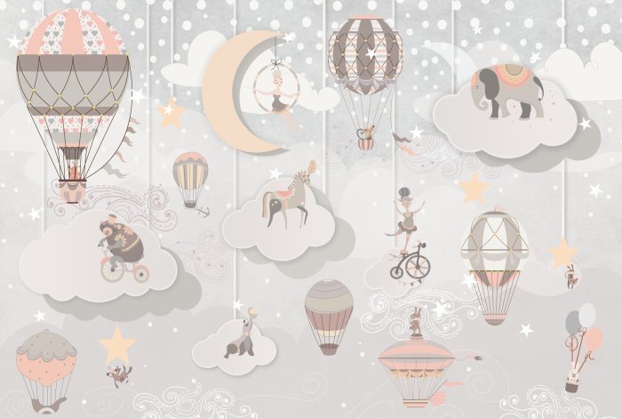 Papier peint  Petits animaux et ballons dans un monde de cirque féerique