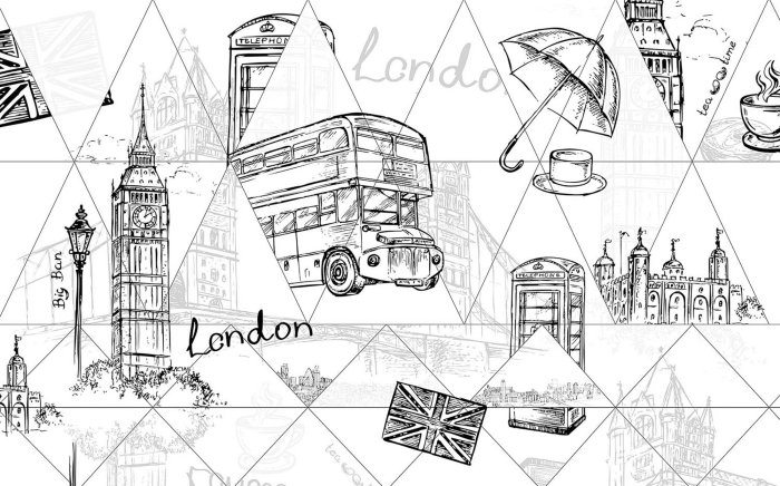 Papier peint  Londres dessiné avec Big Ben et un bus à impériale