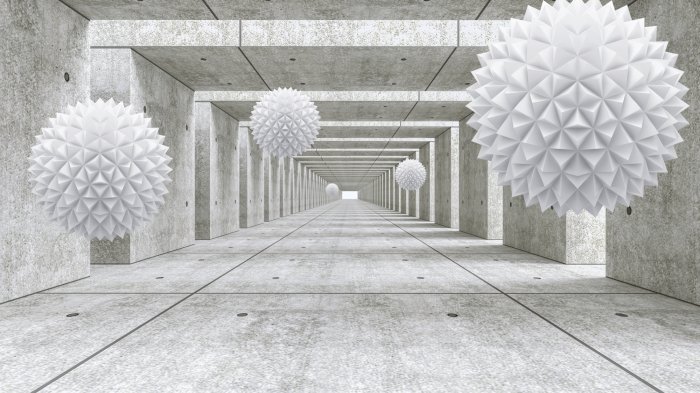 Papier peint  Sphères 3D blanches dans un tunnel en béton brut