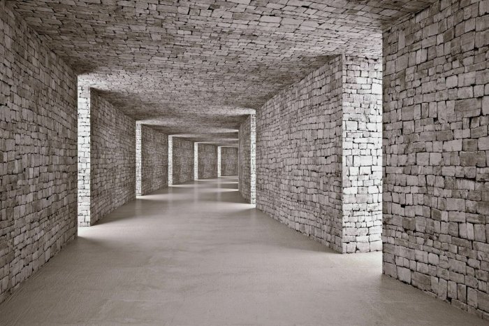 Papier peint  Tunnel en briques dans des tons de gris 3D