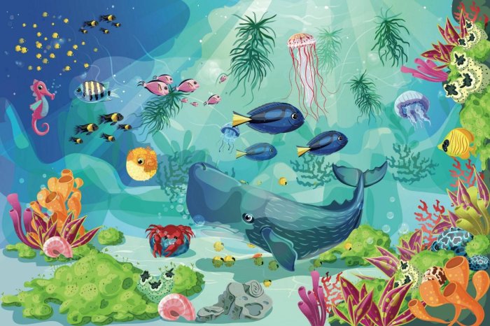 Papier peint  Monde sous-marin coloré avec poissons et animaux marins paysage féerique